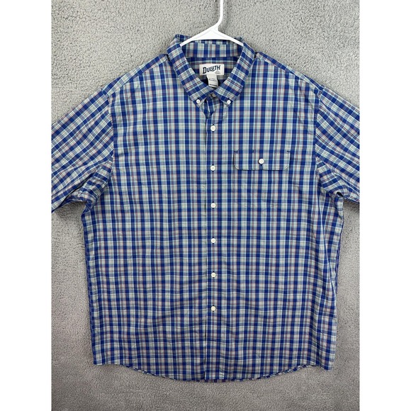 Duluth Trading Shirt Mens XLT Tall Blue Plaid Relaxed Fit Short Sleeve Button Up